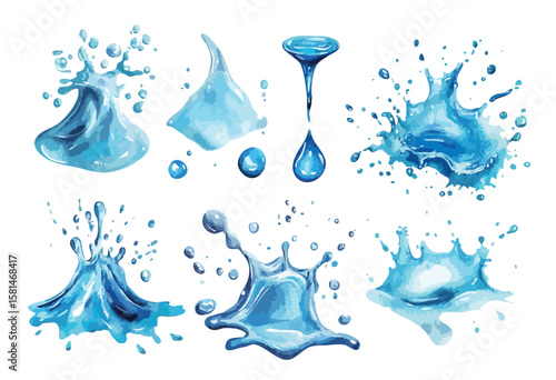 blue water splash collection watercolor illustration isolated
