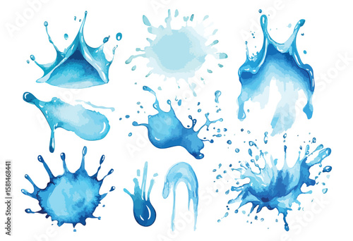 Set blue water drops and splashes