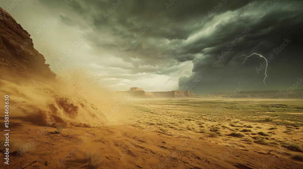Fototapeta premium Dramatic lightning storm over sandy desert landscape monument valley nature photography majestic environment wide angle view atmospheric concept