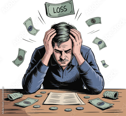 Man stressed by falling money and paper on desk worried