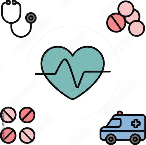 Medical icons stethoscope heart ambulance pills electrocardiogram