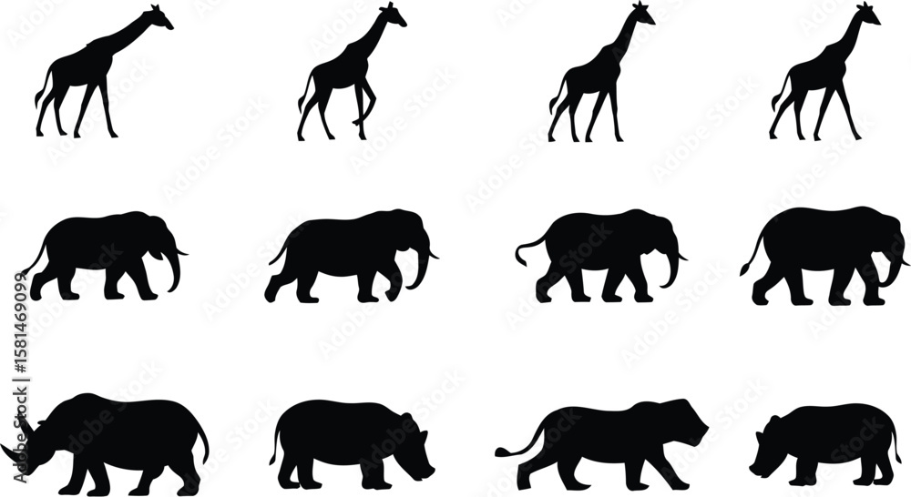 Fototapeta premium A collection of African safari animal silhouettes. Vector set of wildlife icons including giraffe, elephant, rhinoceros, and a large cat in various poses. 