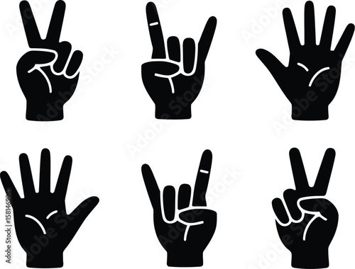 Vector collection of human hand gestures. Black silhouette icons showing peace sign, rock horns, and counting fingers isolated on a white background.
