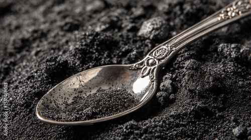 Detailed shot of black granular powder in a vintage silver spoon.