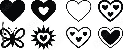 Vector icon set of heart shapes. Collection of love symbols including butterfly and sun illustrations isolated on white.
