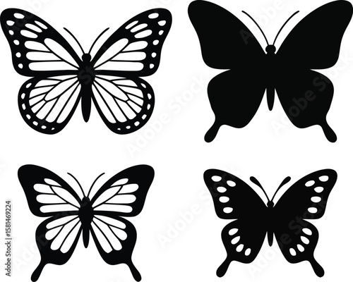 Butterfly vector collection. Set of 4 black silhouette icons with intricate cutout and solid shapes. Graphic design elements for cutting files, stencils, and crafts.
