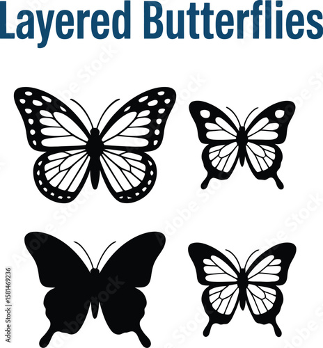 Layered butterflies set. Collection of 4 vector butterfly designs including intricate cutouts and a solid silhouette. Black and white graphics for Cricut or laser cutting files.
