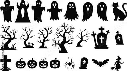 Halloween silhouette set. Spooky vector icon collection with ghosts, scary trees, pumpkins, witch, bat, and tombstones. Black horror clip art for holiday graphic design.
