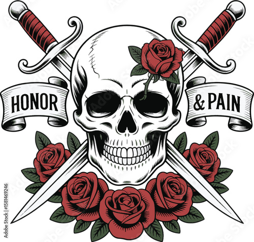 Tattoo Skull with Roses and Swords Honor Pain