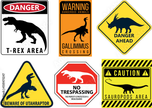 Dinosaur Warning sign Stickers Pack, vector