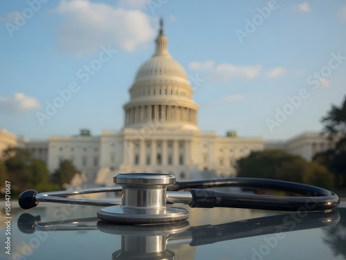 Symbolic image of a stethoscope in front of a government building, representing the intersection of healthcare and politics, ideal for editorial, policy, and medical regulation visuals

