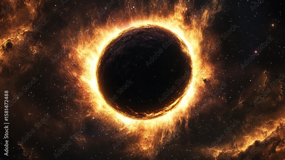 Naklejka premium Fiery celestial body surrounded by intense, swirling, golden-orange flames in deep space