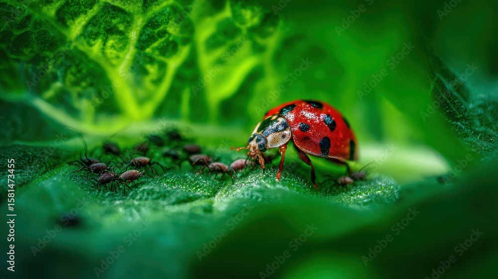 Obraz premium A ladybug is eating a bug on a leaf