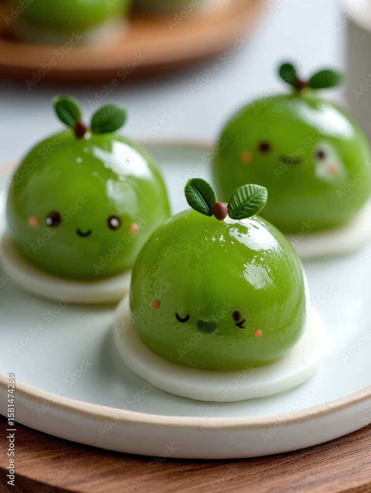 Obraz premium Three green balls with faces on them are on a white plate