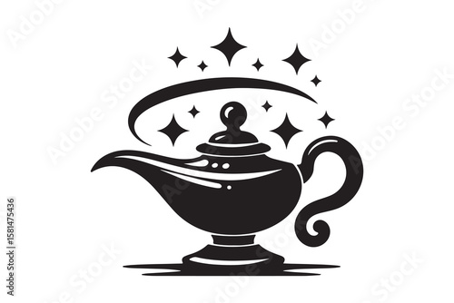 A black and white illustration of an aladdin lamp on a plain white background in a simple style