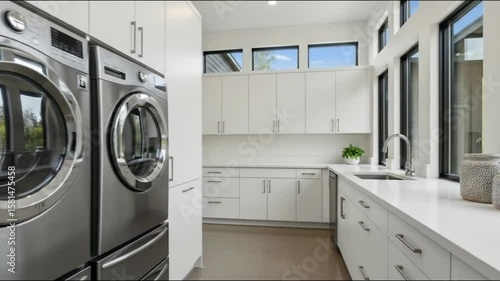 A modern kitchen interior showcases contemporary design with new appliances, clean cabinets, and a sleek sink, creating a luxury indoor home room with stylish furniture and architecture