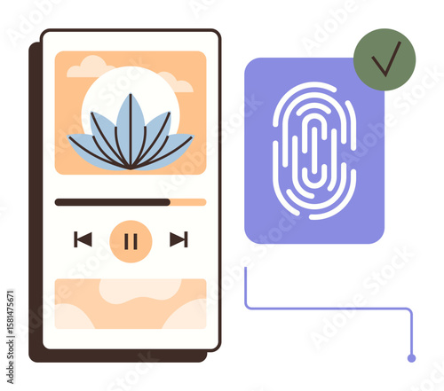 Smartphone screen with music app controls and lotus artwork alongside approved fingerprint scan. Ideal for security, technology, user interface, mobile apps, authentication, access control