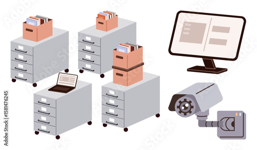 Filing cabinets with folders and laptop, surveillance security camera, and monitor screen. Ideal for data management, office organization, digital files, security, monitoring, information storage
