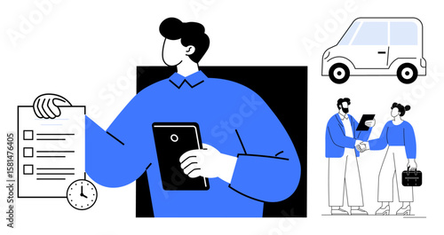 Person with tablet and checklist, handshake signifying deal, car suggesting travel or service context. Ideal for time management, agreements, teamwork, business, productivity, mobility