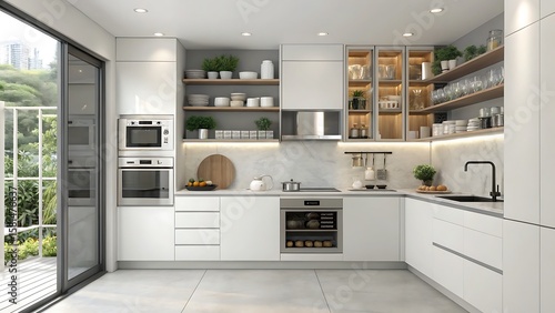 A modern kitchen with white cabinets and open shelving filled with dishes and plants and a large window