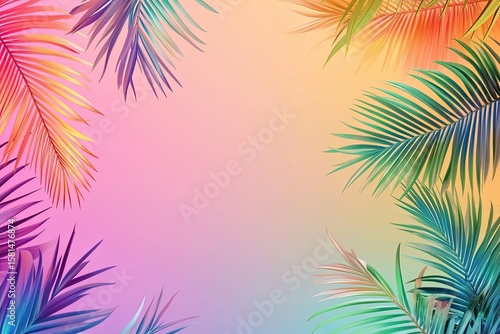 Vibrant tropical palm leaves frame a soft pastel background