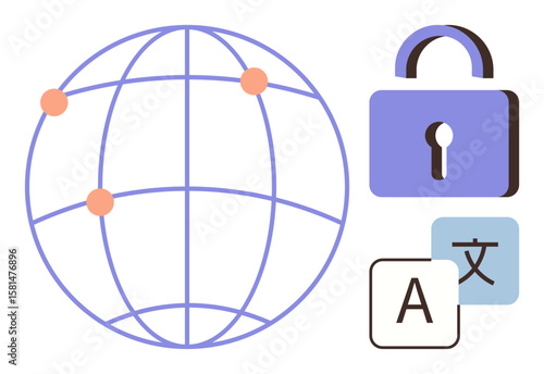 Globe with connection points, lock for security, language translation blocks. Ideal for cybersecurity, global networking, communication, data protection, internet privacy, multilingual access simple