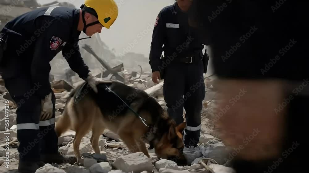 A German Shepherd search and rescue dog assists emergency responders in rubble.