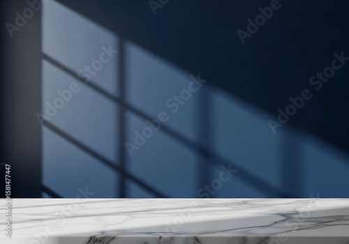 Empty White Marble Table Against A Dark Blue Wall With Window Frame Shadows From Sunlight For A Premium Product Display, Luxury Mockup, Skincare Background