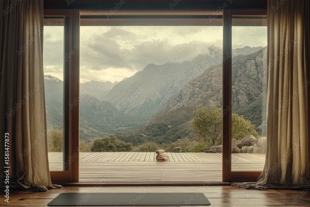 Fototapeta premium Tranquil mountain vista from a spacious room