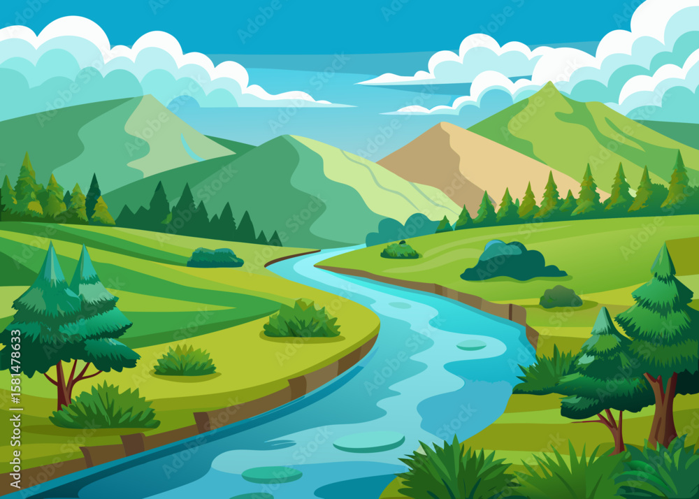 Obraz premium Vibrant cartoon landscape with a winding river flowing through green hills and mountains