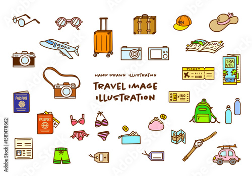 かわいい手描きの旅行イメージカラーイラストセット