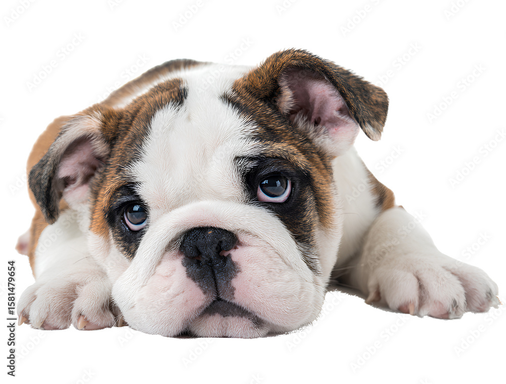 Fototapeta premium Cute Bulldog puppy lying down, isolated on a transparent background.png