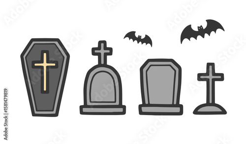 ハロウィンの墓地とコウモリ