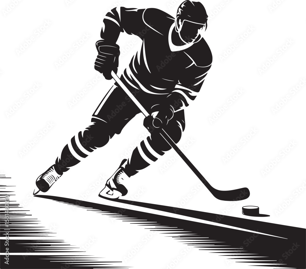 Obraz premium Skilled Hockey Player Dribbling the Puck with Precision on the Ice in a Dramatic Vector Art