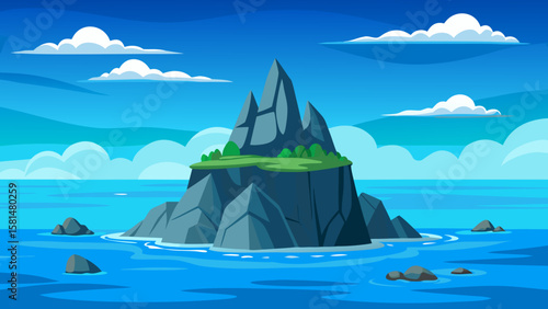 Dramatic jagged rock formation island surrounded by blue ocean water and clouds