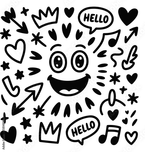 Playful doodles create a whimsical pattern, featuring smiley faces, hearts, rainbows, arrows, clouds, and stars on a white background.
