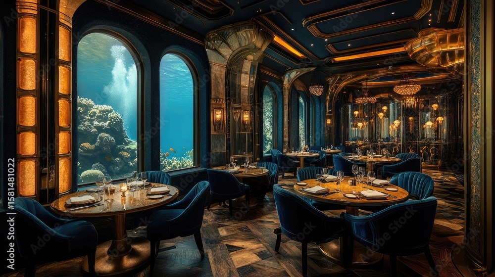 Obraz premium Luxurious underwater dining hall with large windows showcasing a vibrant coral reef