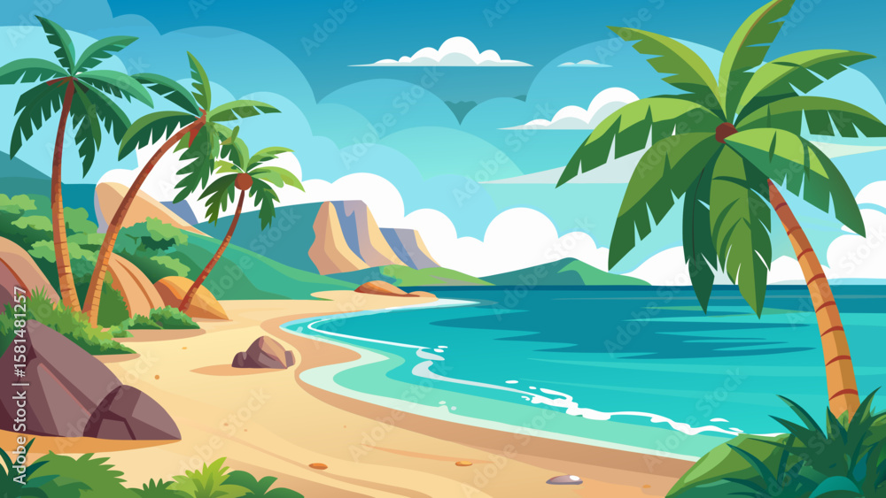 Obraz premium Tropical beach with palm trees and turquoise ocean under a blue sky