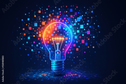 Vibrant light bulb surrounded by glowing lattice of colorful squares and digital patterns symbolizes innovation and creativity. interplay of light and color evokes sense of inspiration and modern