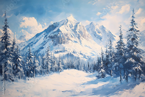 Fototapeta Naklejka Na Ścianę i Meble -  a painting of a snowy mountain with trees