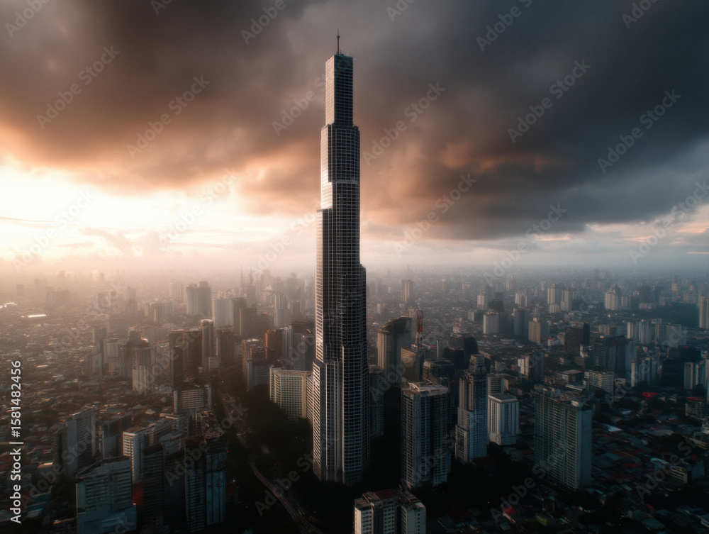 Fototapeta premium towering skyscraper rises above a sprawling cityscape under a dramatic, cloudy sunset sky.