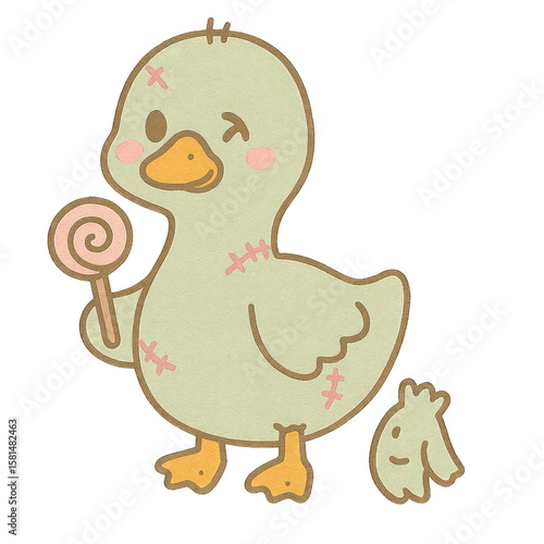 A cute cartoon duck holding a lollipop, featuring stitched patches and a small tuft of feathers beside it.