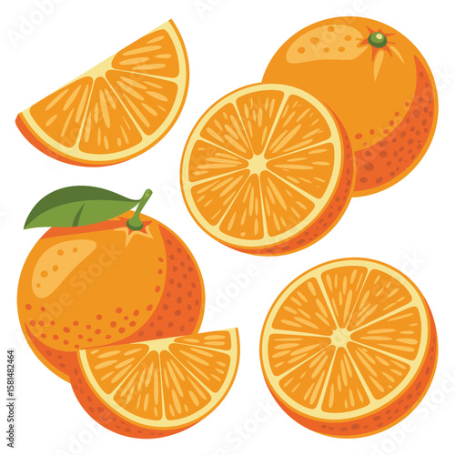 Fresh oranges and slices with green leaf isolated on white background