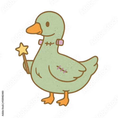 A cute cartoon duck holds a star-tipped wand and has stitched patches on its body, resembling a whimsical magical character.