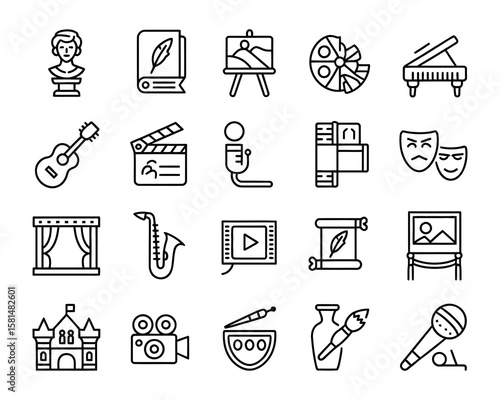 Art & Culture Editable Line Art Vector Icon Set Theater, music, painting, sculpture, photography, cinema, dance, gallery, instruments, performance, film, exhibition, creative arts and more icons