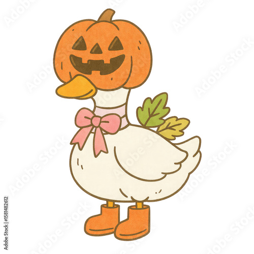 A white duck with orange boots and a pink bow wears a carved jack-o'-lantern as a Halloween mask with autumn leaves on its back.
