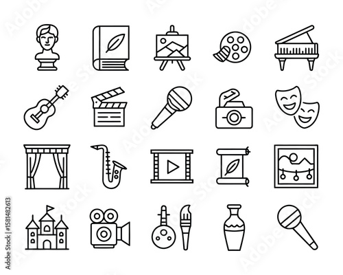 Art and Culture Adjustable Line Weight Vector Icon Set Featuring Theater, Music, Sculpture, Painting, Film, Gallery, Dance, Photography, Exhibition Symbols