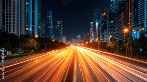vibrant cityscape at night with light trails from fast-moving vehicles on a wide urban road flanked by tall, illuminated skyscrapers.