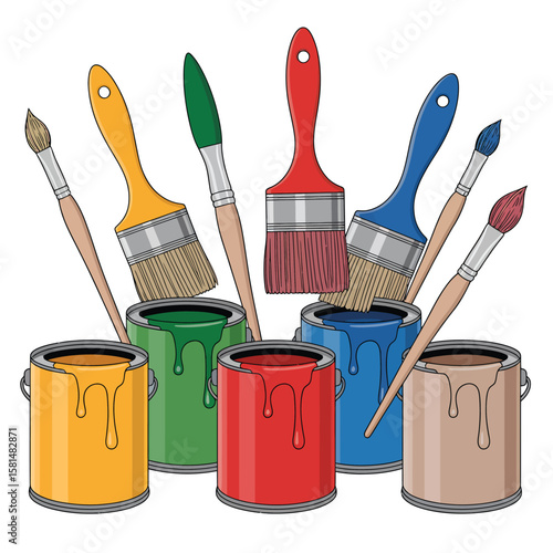 Collection of colorful paint cans with brushes for home renovation and art projects
