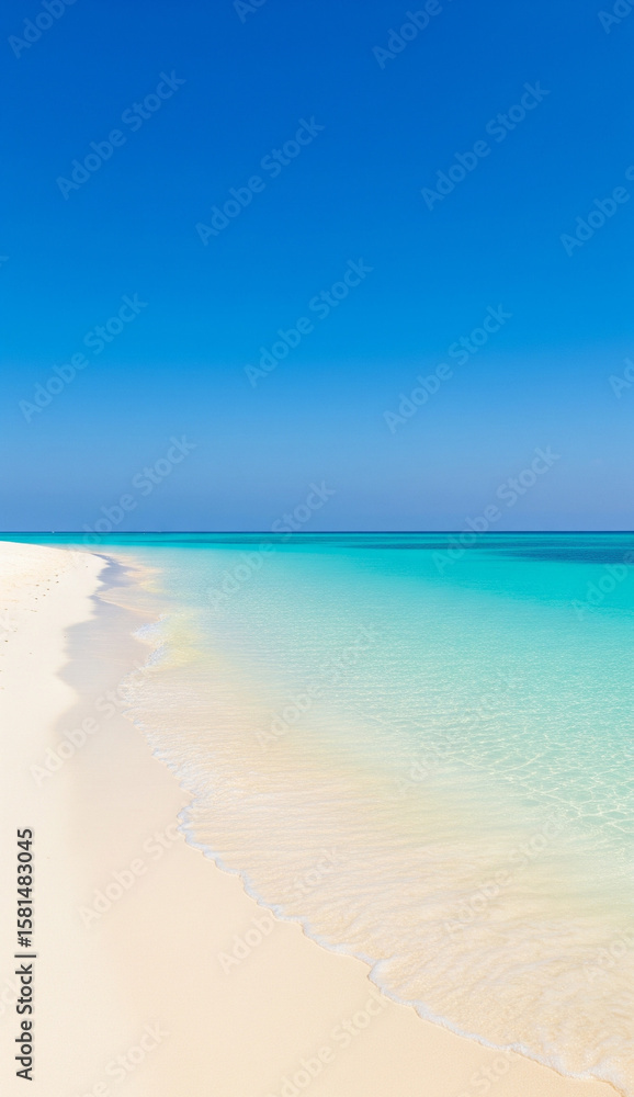 Fototapeta premium Pristine beach scene with clean waves and clear skies above
